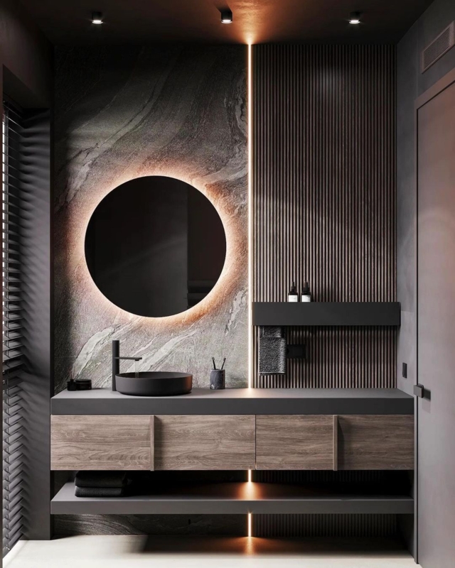 Modern Bathroom Vanity with Backlit Mirror and Vertical Wood Slats