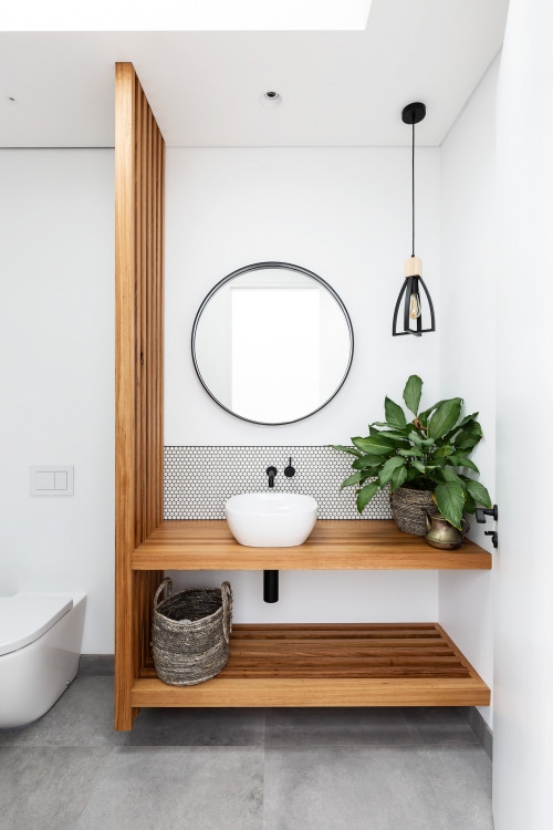 Modern Bathroom Vanity with Vertical Wood Slat Partition