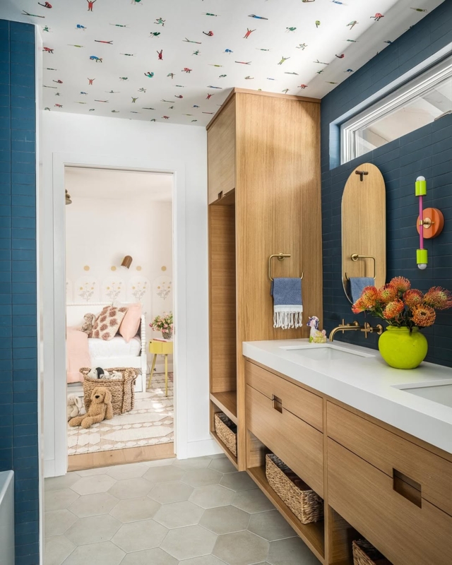 Modern Bathroom Vanity with Wood Tones and Vertical Blue Tile