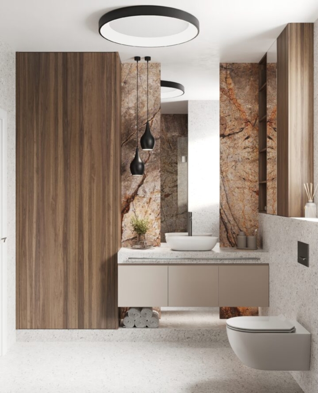 Modern Bathroom with Circular Ceiling Light and Stone Walls