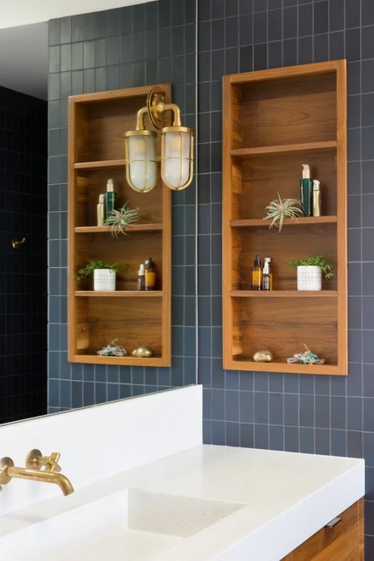 Modern Bathroom with Dark Blue Grid Tile & Recessed Wood Shelving