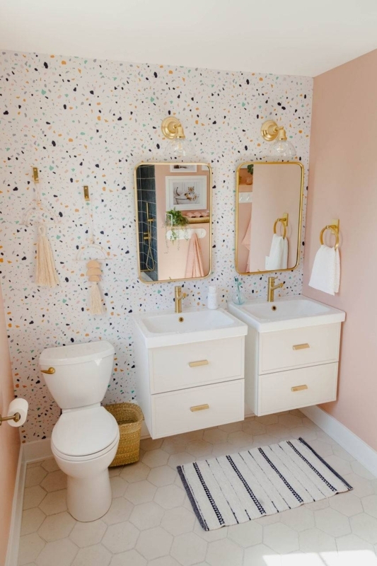 Modern Bathroom with Terrazzo Wallpaper and Floating Double Vanity