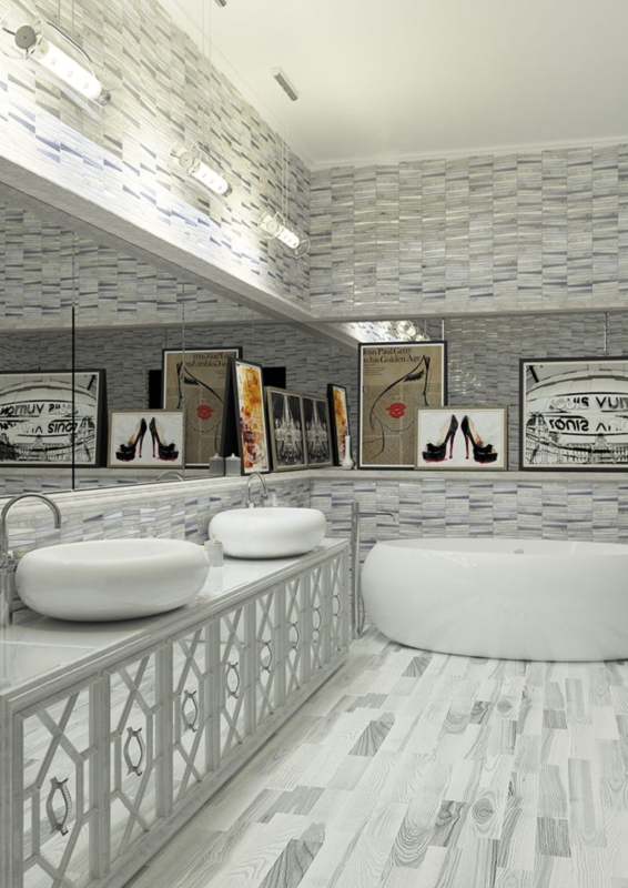 Modern Bathroom with Wood Look Tile and Geometric Vanity