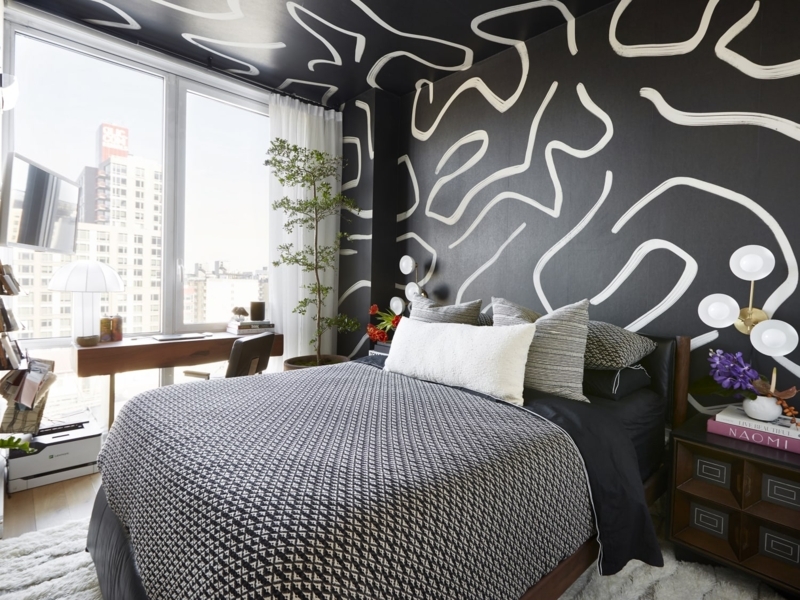 Modern Bed with Black and White Abstract Mural on Wall & Ceiling