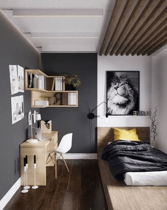 Modern Bedroom with Charcoal Wall & Wood Slat Ceiling Feature