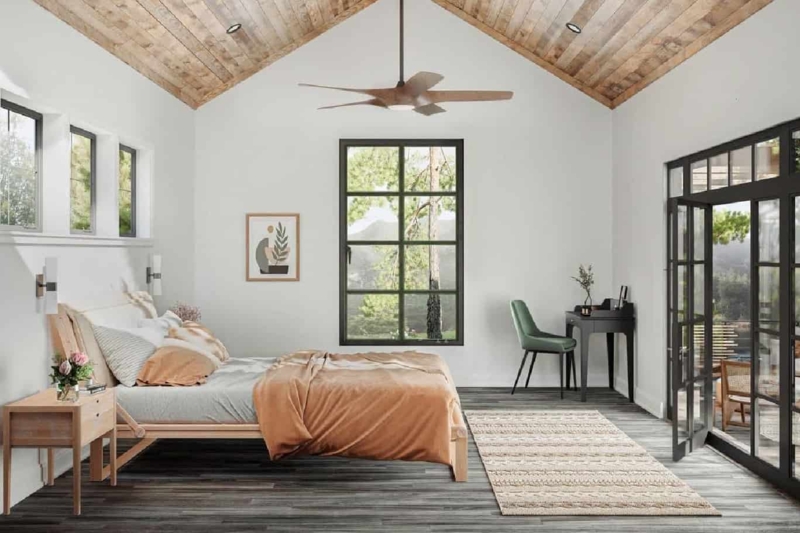 Modern Bedroom with Vaulted Wood Ceiling and Black Grid Windows