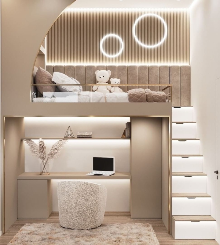 Modern Beige Loft Bed With Slatted Wall and Halo Lighting Decor