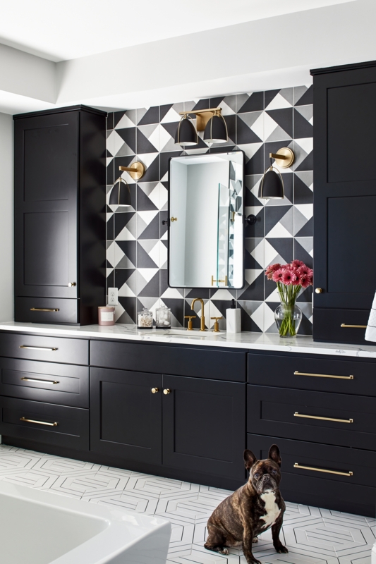 Modern Black Bathroom Vanity with Geometric Tile Backsplash
