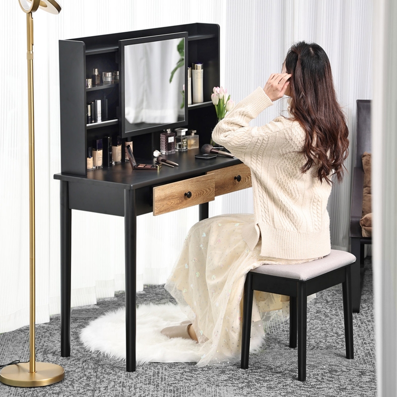 Modern Black Makeup Vanity with Sliding Mirror and Wood Toned Drawers