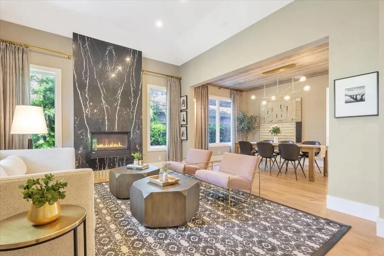 Modern Black Marble Fireplace Design in Open Concept Living Room