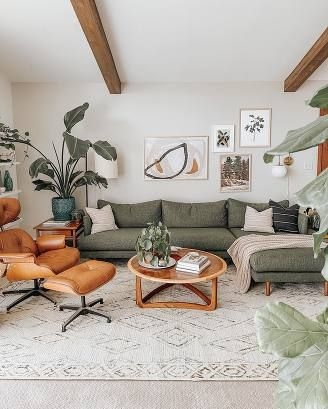 Modern Bohemian Living Room Olive Green Sectional Tan Leather Chair