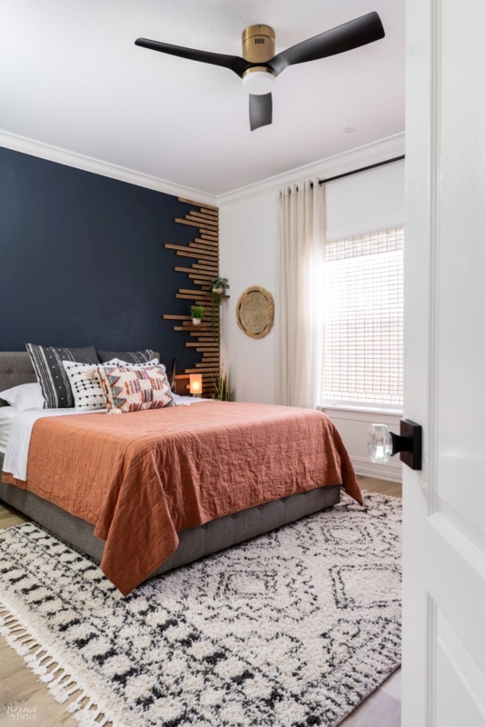 Modern Boho Bed with Geometric Wood Slat Accent Wall