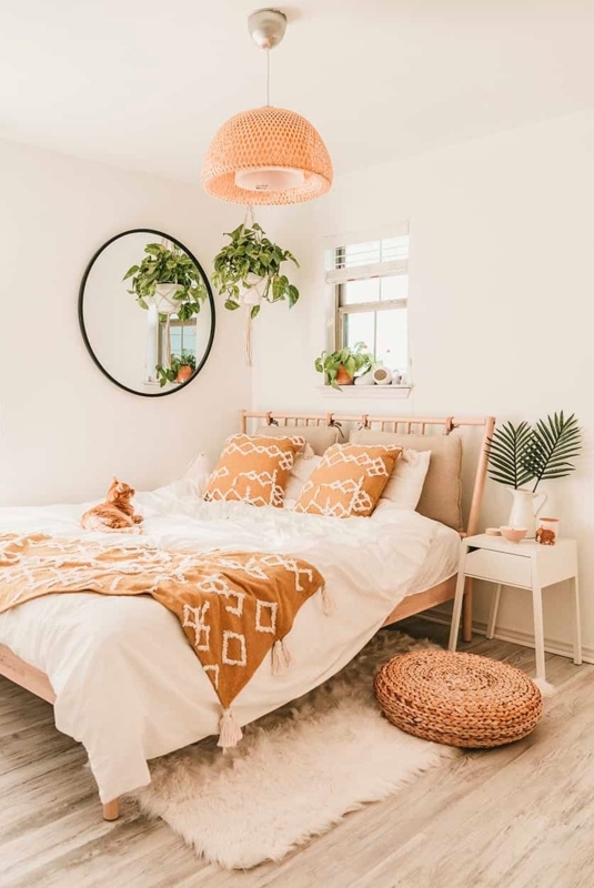 Modern Boho Bed with Woven Pendant and Round Mirror