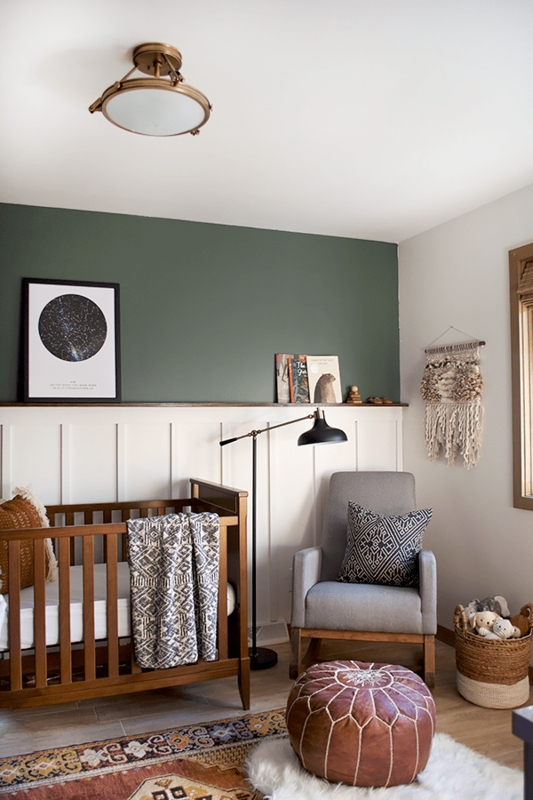 Modern Boho Nursery with Forest Green Board and Batten Walls