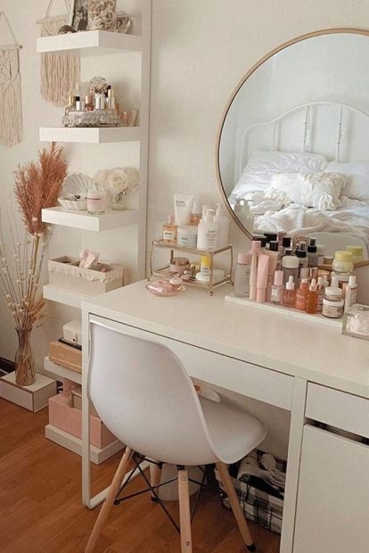 Modern Boho Vanity Desk with Vertical Shelf Stack and Round Gold Mirror