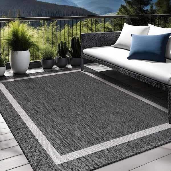 Modern Bordered Outdoor Rug Dark Gray Concentric White Frame