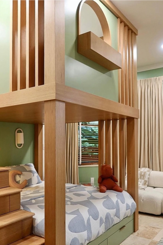 Modern Bunk Bed: Integrated Storage Stairs, Vertical Slats.