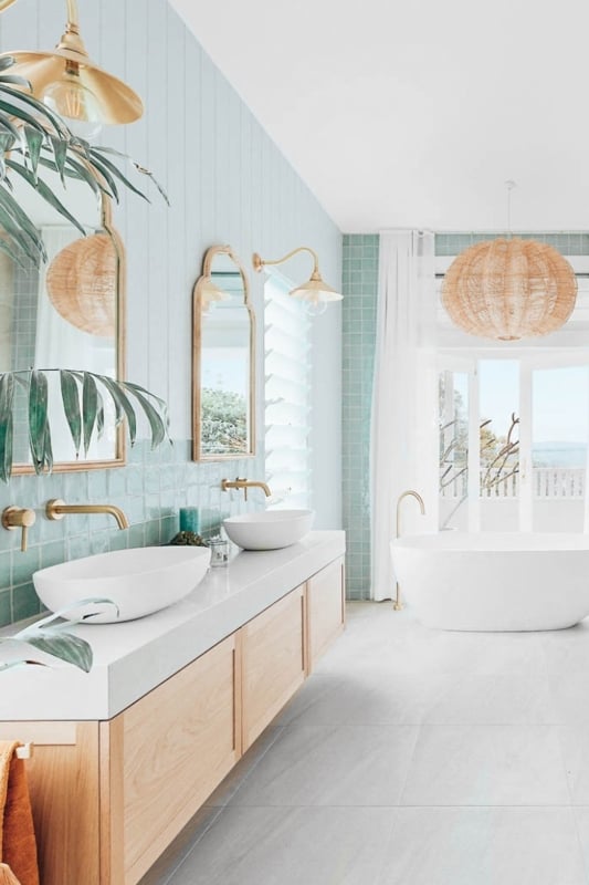 Modern Coastal Double Vanity with Vessel Sinks and Gold Faucets