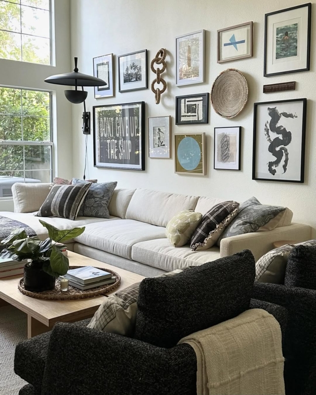Modern Coastal Living Room Layout Featuring Oversized Cream Sectional