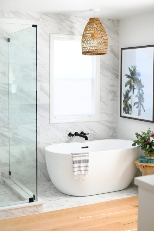 Modern Coastal Primary Bathroom Retreat with Woven Rattan Pendant