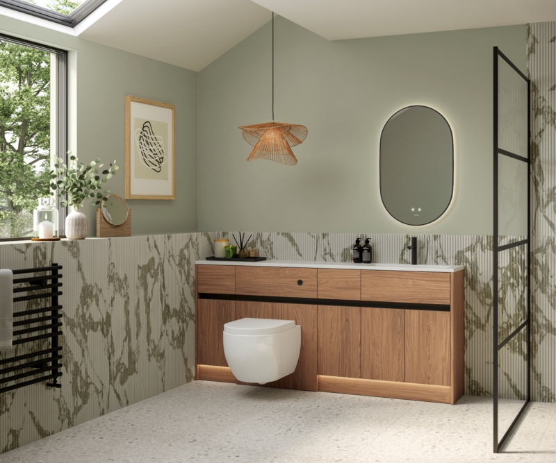 Modern Cottage Bathroom: Wood Vanity & Sage Green Marble