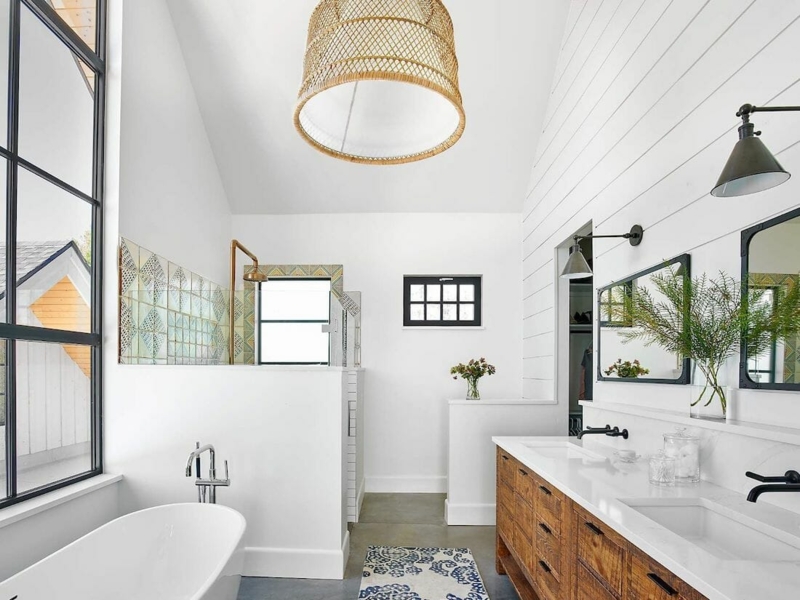Modern Country Bathroom: Wood Double Vanity & Shiplap Walls