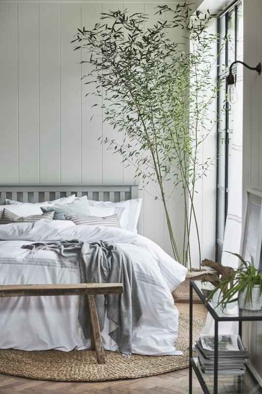 Modern Country Bedroom with Sage Green Paneling and Tall Bamboo Plant