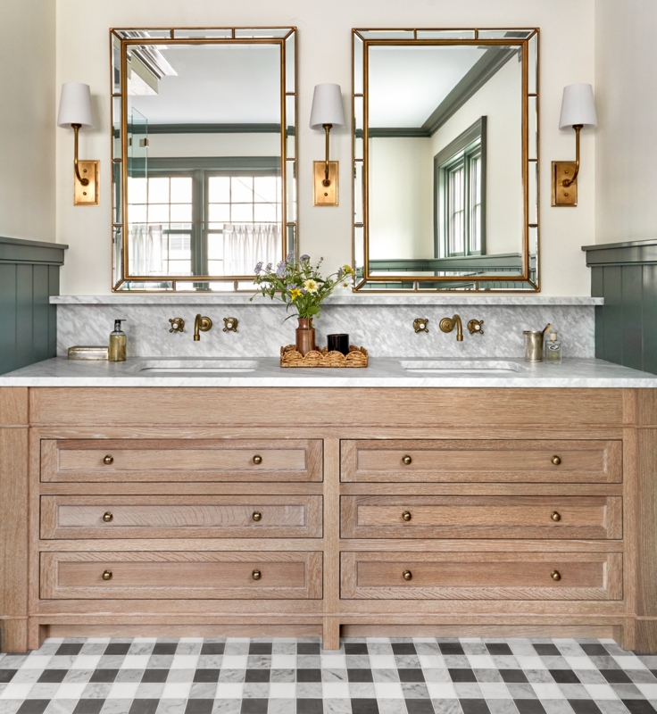 Modern Country Double Vanity: Marble Top & Checkered Floor