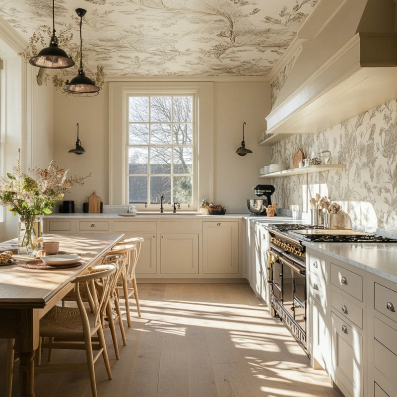 Modern Country Kitchen with Mural Wallpapered Ceiling and Wishbone Chairs