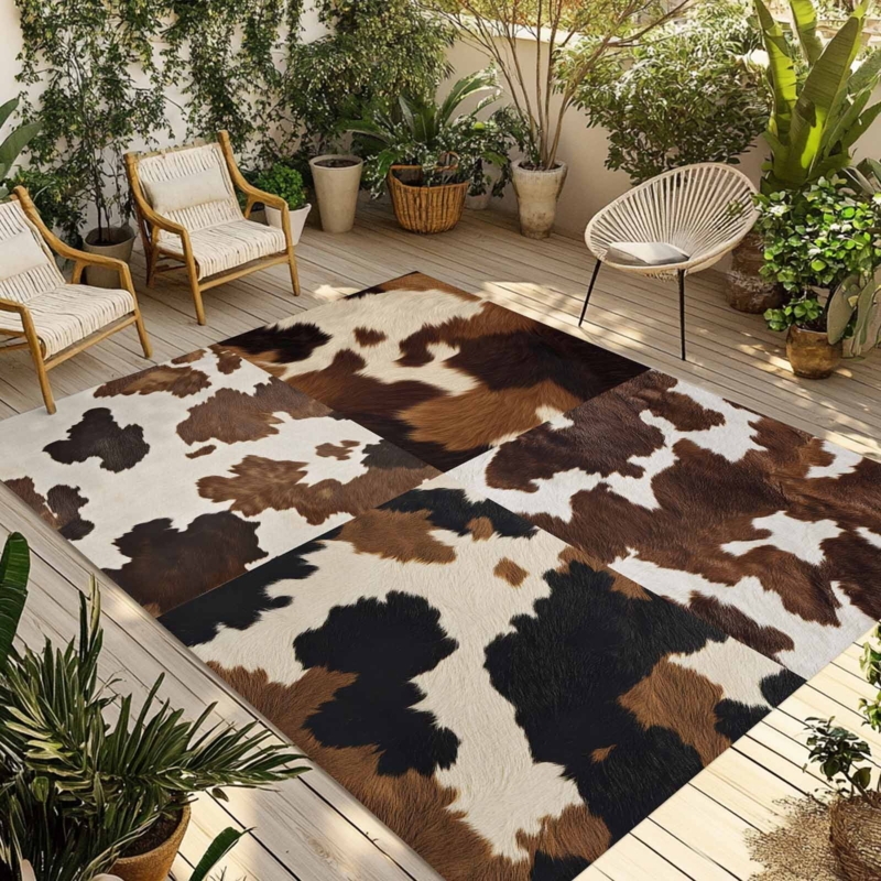 Modern Country Outdoor Rug Black and White Abstract Cowhide Print