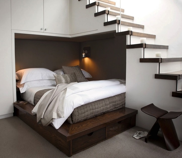 Modern Dark Wood Platform Bed With Under Stair Nook and Floating Treads