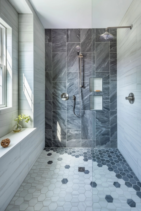 Modern Doorless Walk-In Shower with Gradient Hexagon Floor