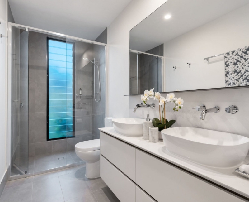 Modern Double Vanity: White Vessel Sinks with Wall-Mounted Faucets