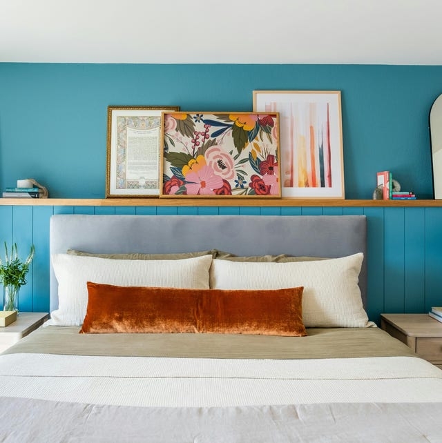 Modern Eclectic Bedroom With Wood Art Ledge Display Above Headboard