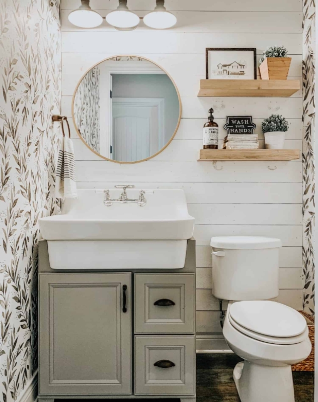 Modern Farmhouse Bathroom: Apron Front Sink & Leafy Wallpaper