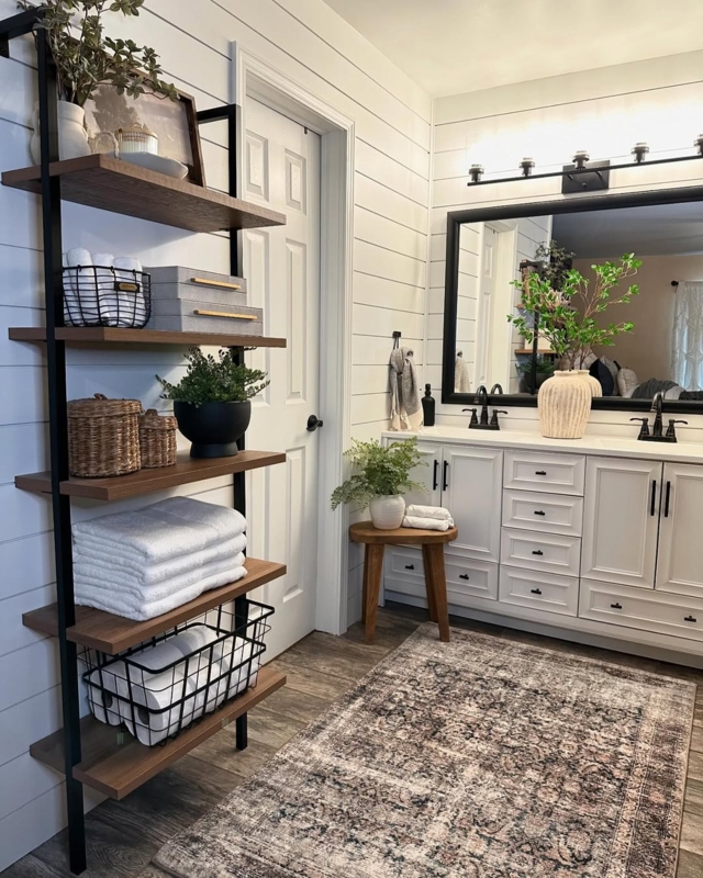 Modern Farmhouse Bathroom Organization: Shiplap Walls & Ladder Shelf