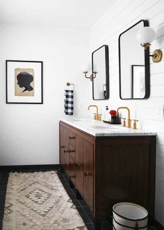 Modern Farmhouse Bathroom Vanity with Dark Wood and Gold Faucets