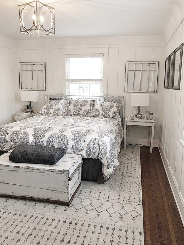 Modern Farmhouse Bed with Repurposed Window Frame Wall Decor