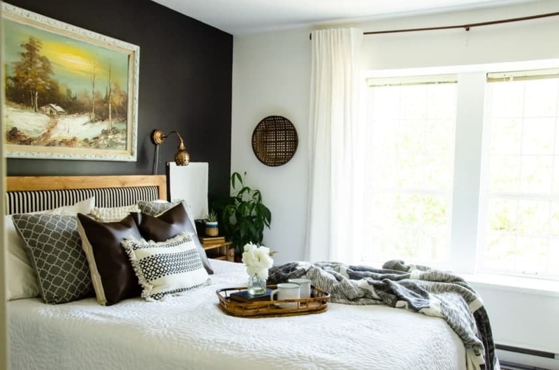 Modern Farmhouse Bedroom Styling with Dark Accent Wall and Mixed Textures