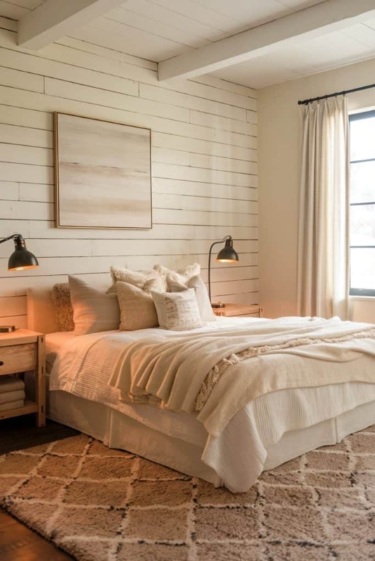 Modern Farmhouse Bedroom with Horizontal Shiplap and Exposed Beams