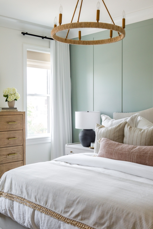 Modern Farmhouse Bedroom with Rope Wrapped Chandelier