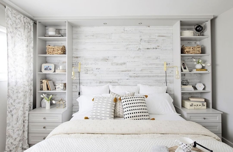 Modern Farmhouse Bedroom With Whitewashed Wood Accent Wall