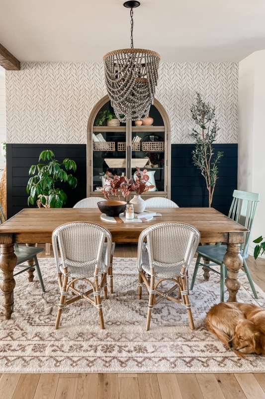 Modern Farmhouse: Black Shiplap, Beaded Chandelier & Arched Cabinet