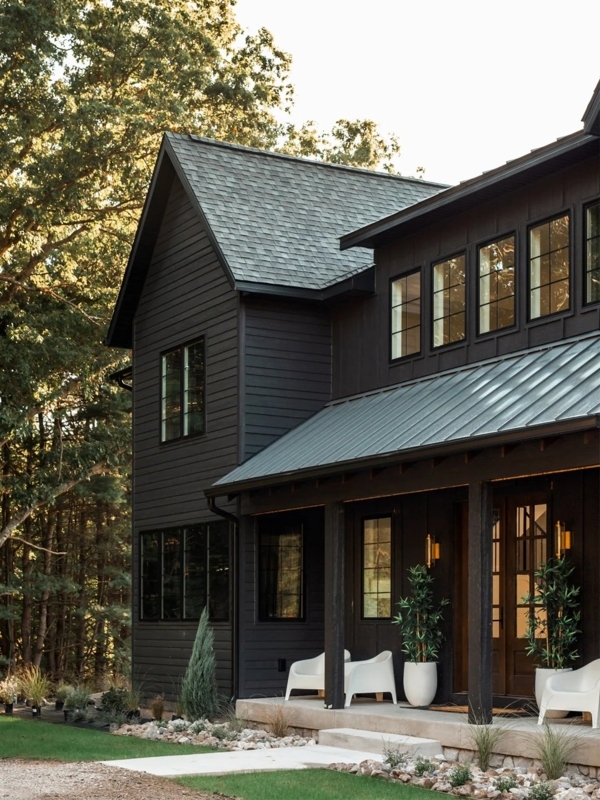 Modern Farmhouse Dark Exterior Design with Mixed Roofing
