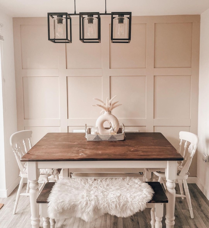 Modern Farmhouse Dining Room: Beige Grid Wall Paneling & Spindle Chairs