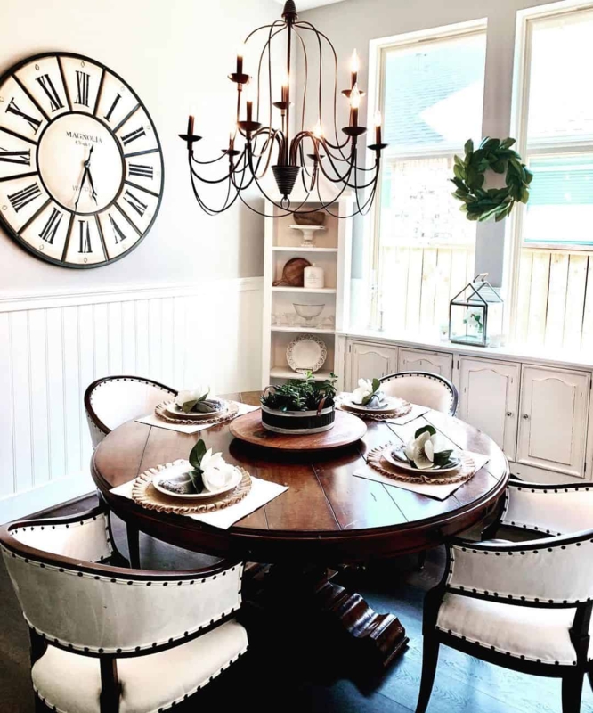 Modern Farmhouse Dining with Oversized Wall Clock