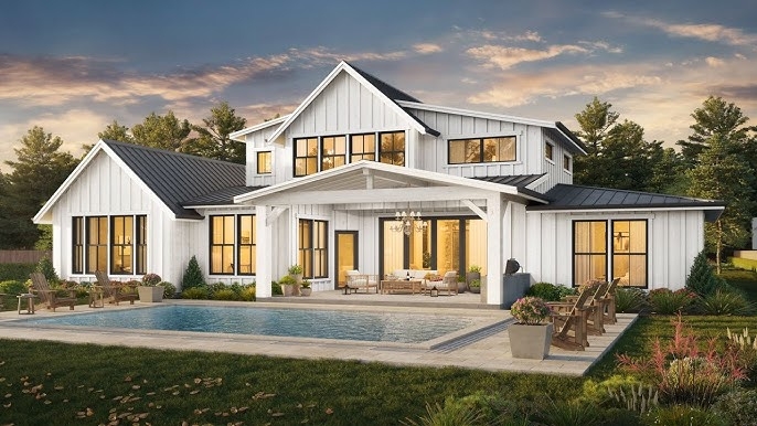 Modern Farmhouse Exterior with Pool and Black Metal Roof