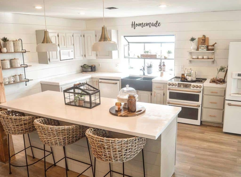 Modern Farmhouse Kitchen Island Decor with White Shiplap Walls