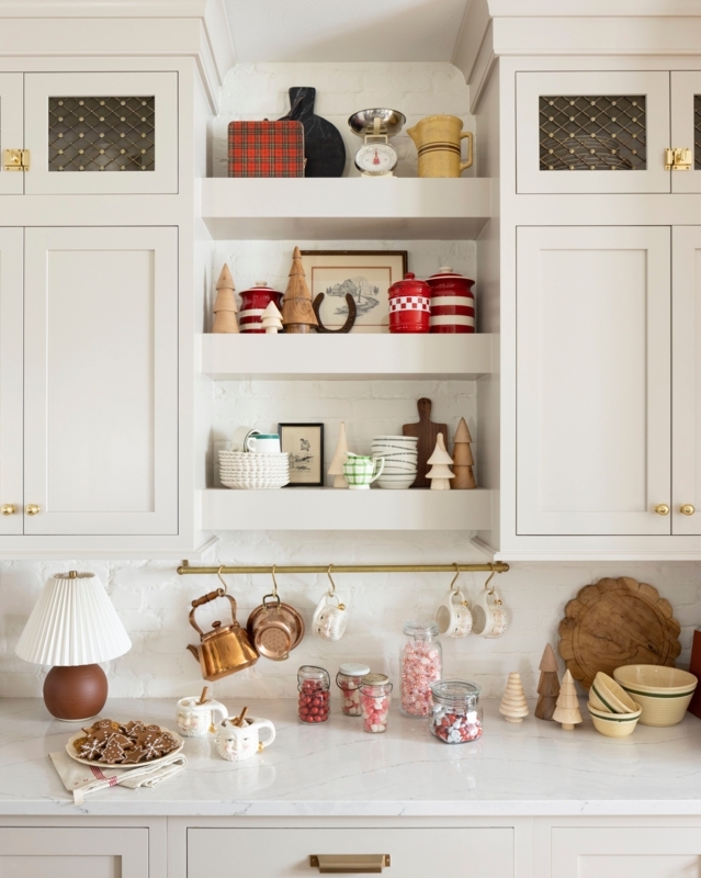 Modern Farmhouse Kitchen Niche with Brick Backsplash and Hanging Rail