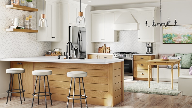 Modern Farmhouse Kitchen with Shiplap Island Detail and Built-in Nook